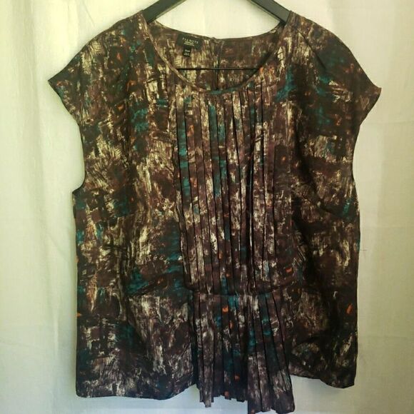 Talbots Blouse Brown Short Sleeve Pleated Boho Abstract Shirt Women Petites 16 - Picture 1 of 10